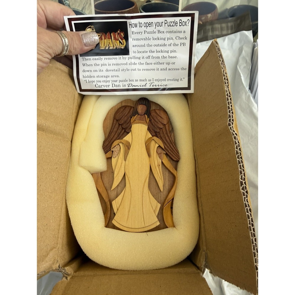 Carver Dan's Hand-Crafted Angel Wood Puzzle Box Trinket Box Hidden Comp.  NIB